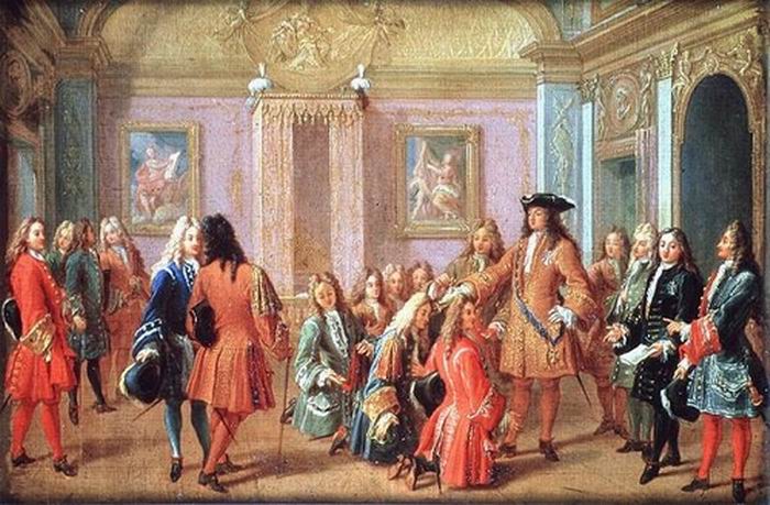 Louis XIV. Ceremony of the "awakening" of the King. The development and concentration of powers in the King and his apparatus worked to contain the conflict between bourgeoisie and nobility within the framework of the old statutory legal relations.